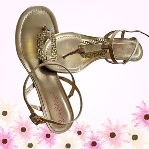 Lilly Pulitzer Sandals Gold Leather Sling B Wedge With Gold Hardware Sz7